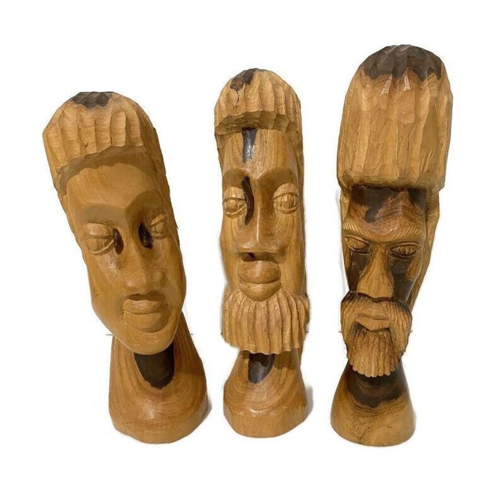 Afrocentric Hand Carved Wood Bust Lot Folk Art Souvenir‎ Caribbean Jamaican 80s